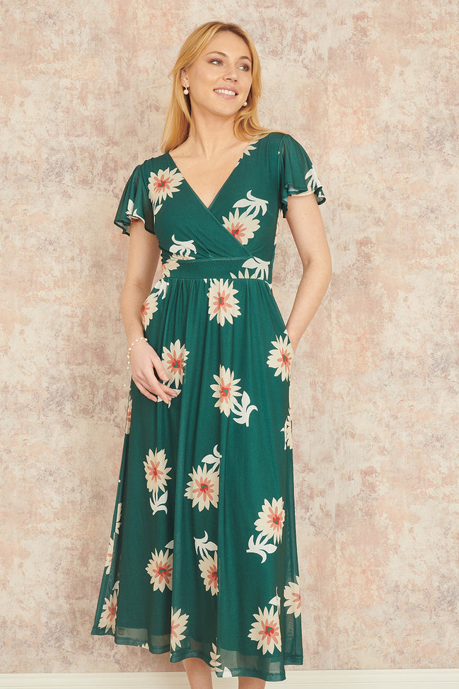 Yumi Green Mesh Flower Wrap Midi Dress with Pockets