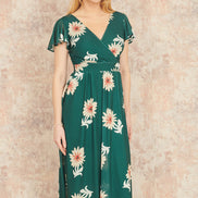 Yumi Green Mesh Flower Wrap Midi Dress with Pockets