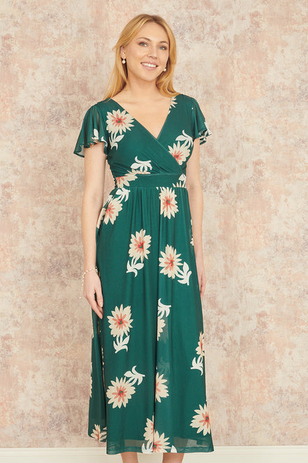 Yumi Green Mesh Flower Wrap Midi Dress with Pockets