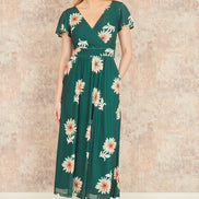 Yumi Green Mesh Flower Wrap Midi Dress with Pockets