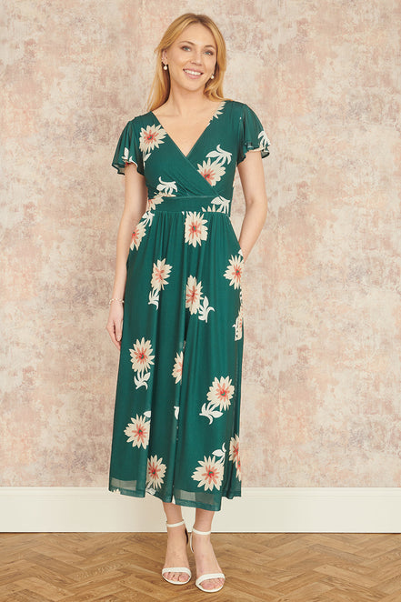 Yumi Green Mesh Flower Wrap Midi Dress with Pockets