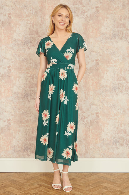 Yumi Green Mesh Flower Wrap Midi Dress with Pockets