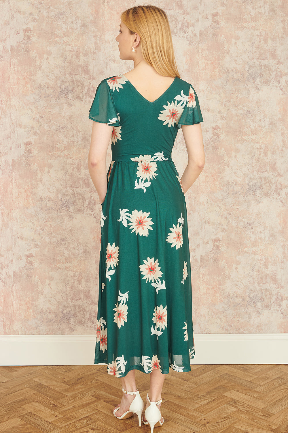 Yumi Green Mesh Flower Wrap Midi Dress with Pockets