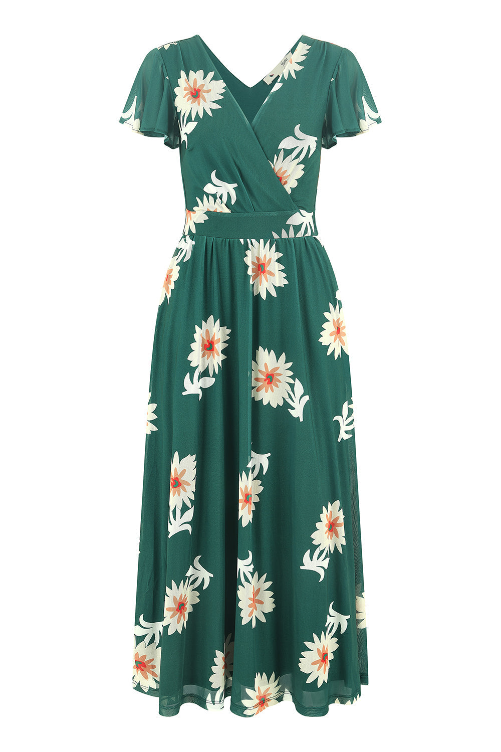 Yumi Green Mesh Flower Wrap Midi Dress with Pockets