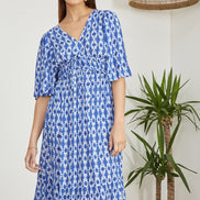 Yumi Blue Aztec Print Maxi Dress with Cross Over Back