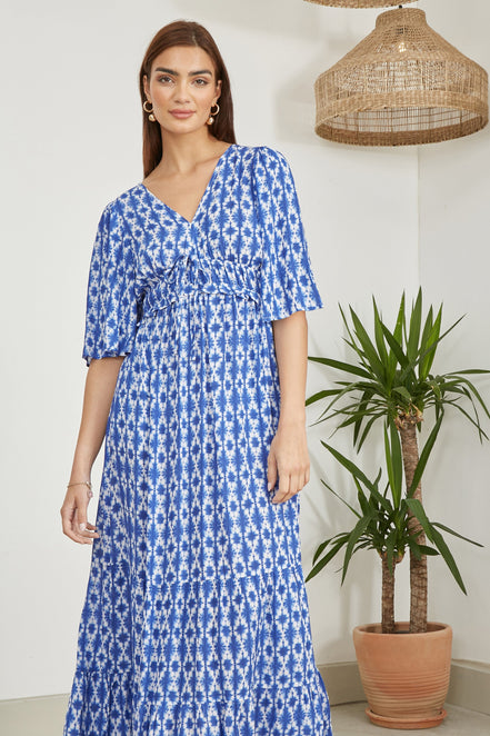 Yumi Blue Aztec Print Maxi Dress with Cross Over Back