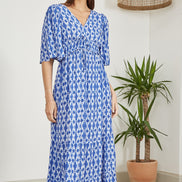 Yumi Blue Aztec Print Maxi Dress with Cross Over Back