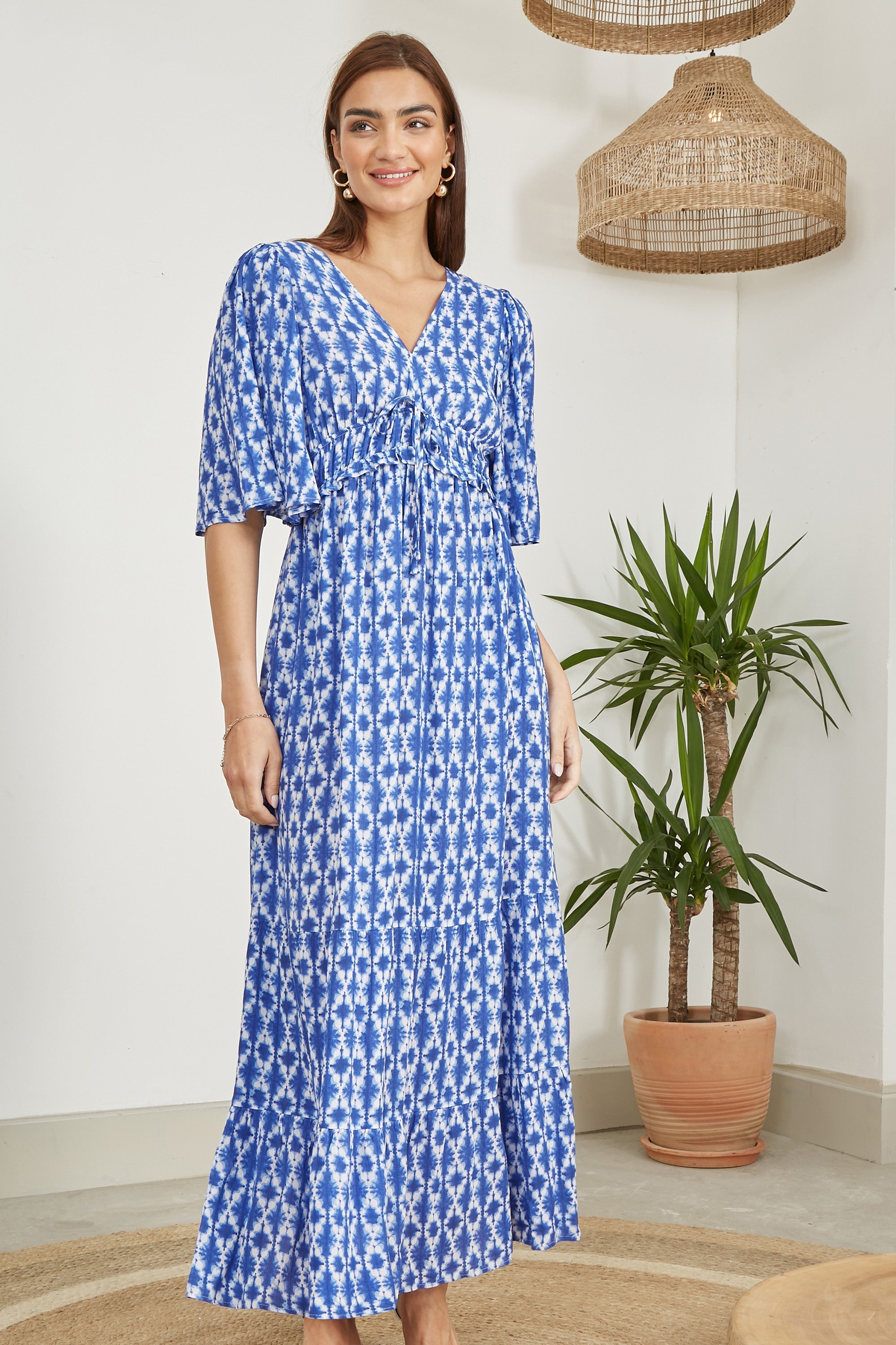 Yumi Blue Aztec Print Maxi Dress with Cross Over Back