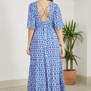 Yumi Blue Aztec Print Maxi Dress with Cross Over Back