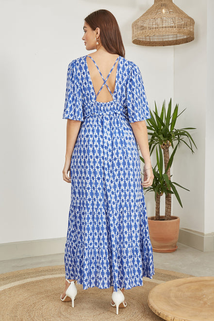 Yumi Blue Aztec Print Maxi Dress with Cross Over Back