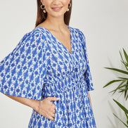 Yumi Blue Aztec Print Maxi Dress with Cross Over Back