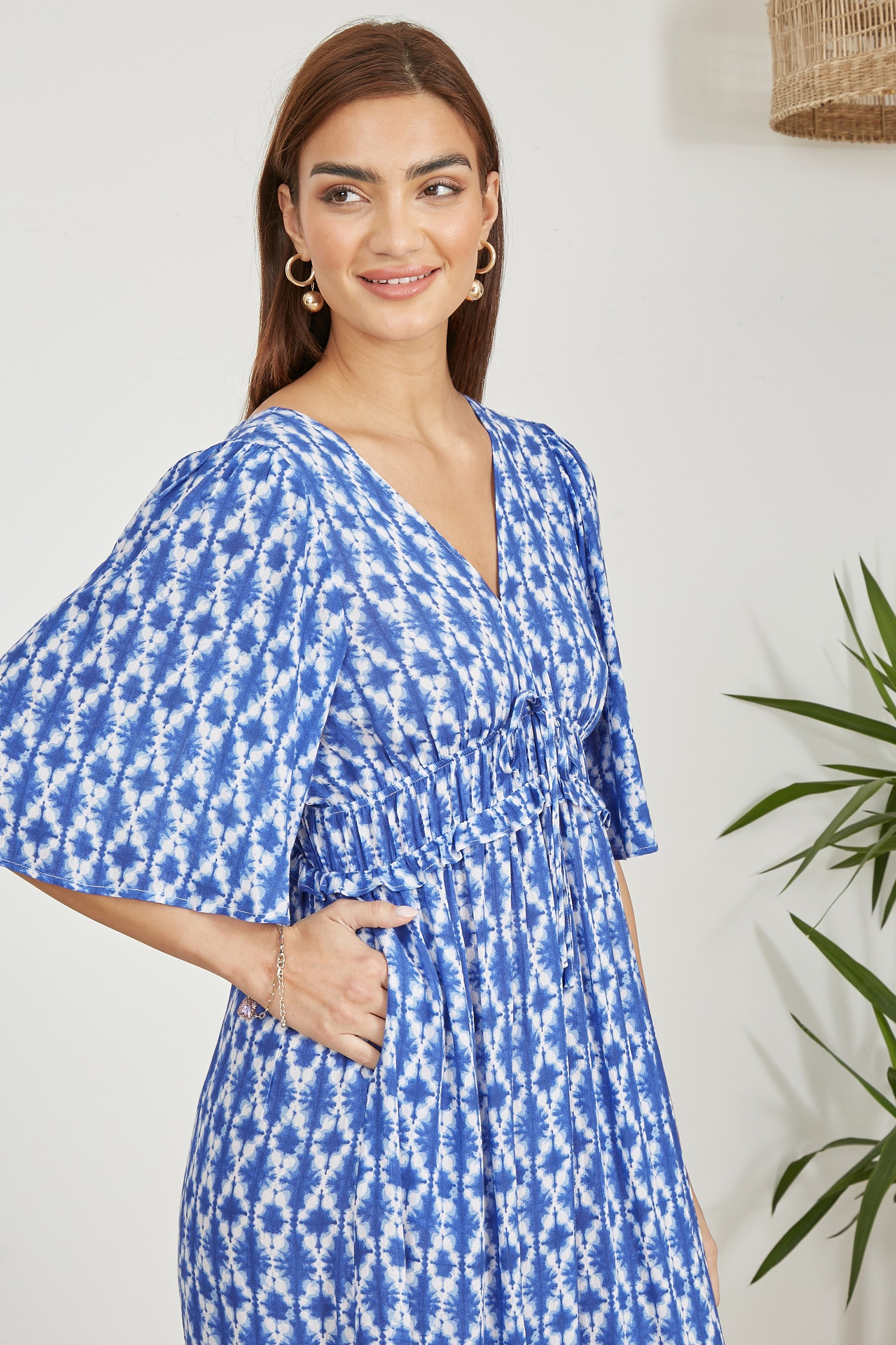 Yumi Blue Aztec Print Maxi Dress with Cross Over Back