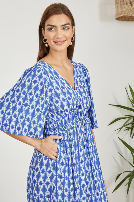 Yumi Blue Aztec Print Maxi Dress with Cross Over Back