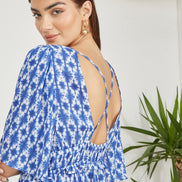 Yumi Blue Aztec Print Maxi Dress with Cross Over Back