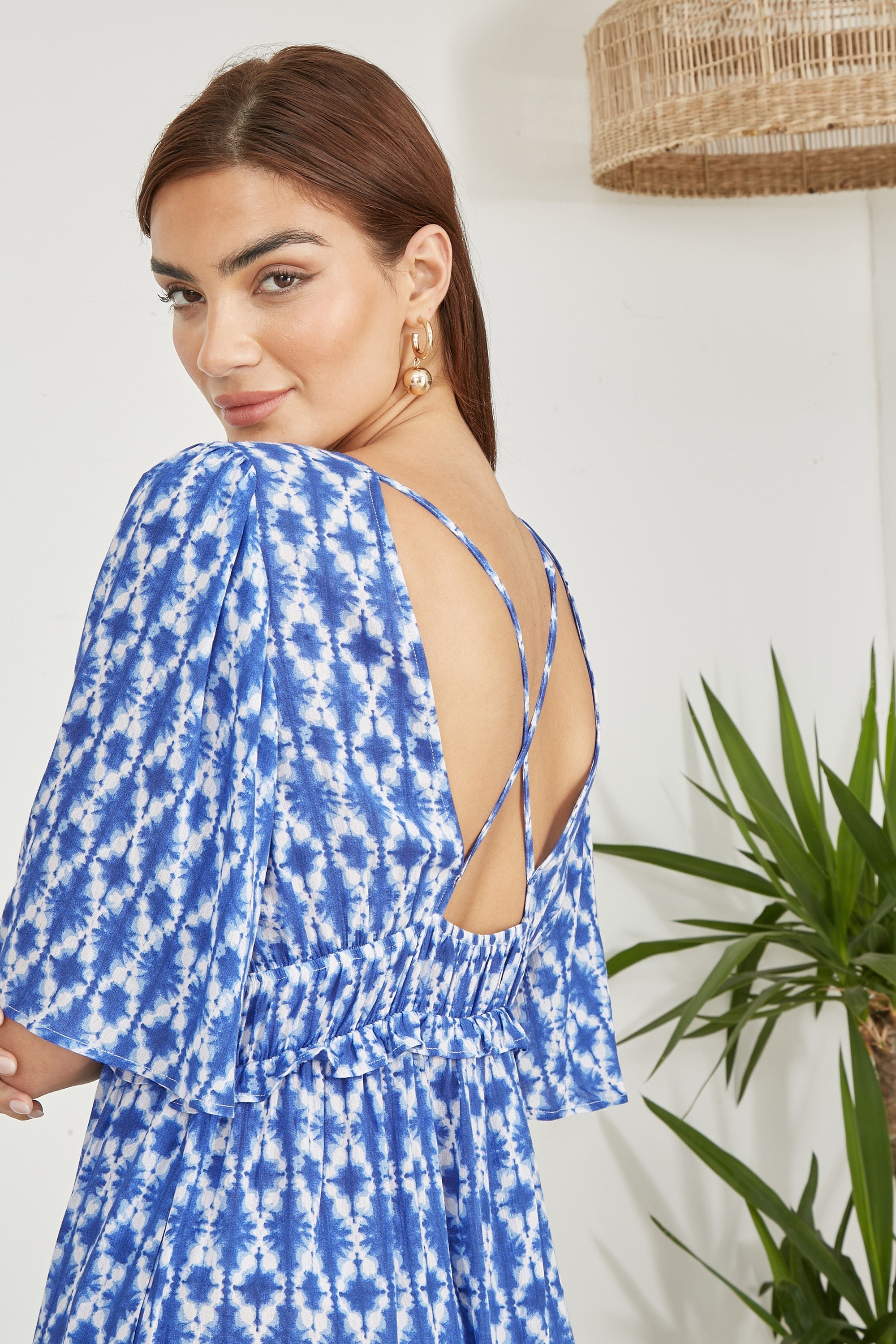 Yumi Blue Aztec Print Maxi Dress with Cross Over Back