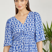 Yumi Blue Aztec Print Maxi Dress with Cross Over Back