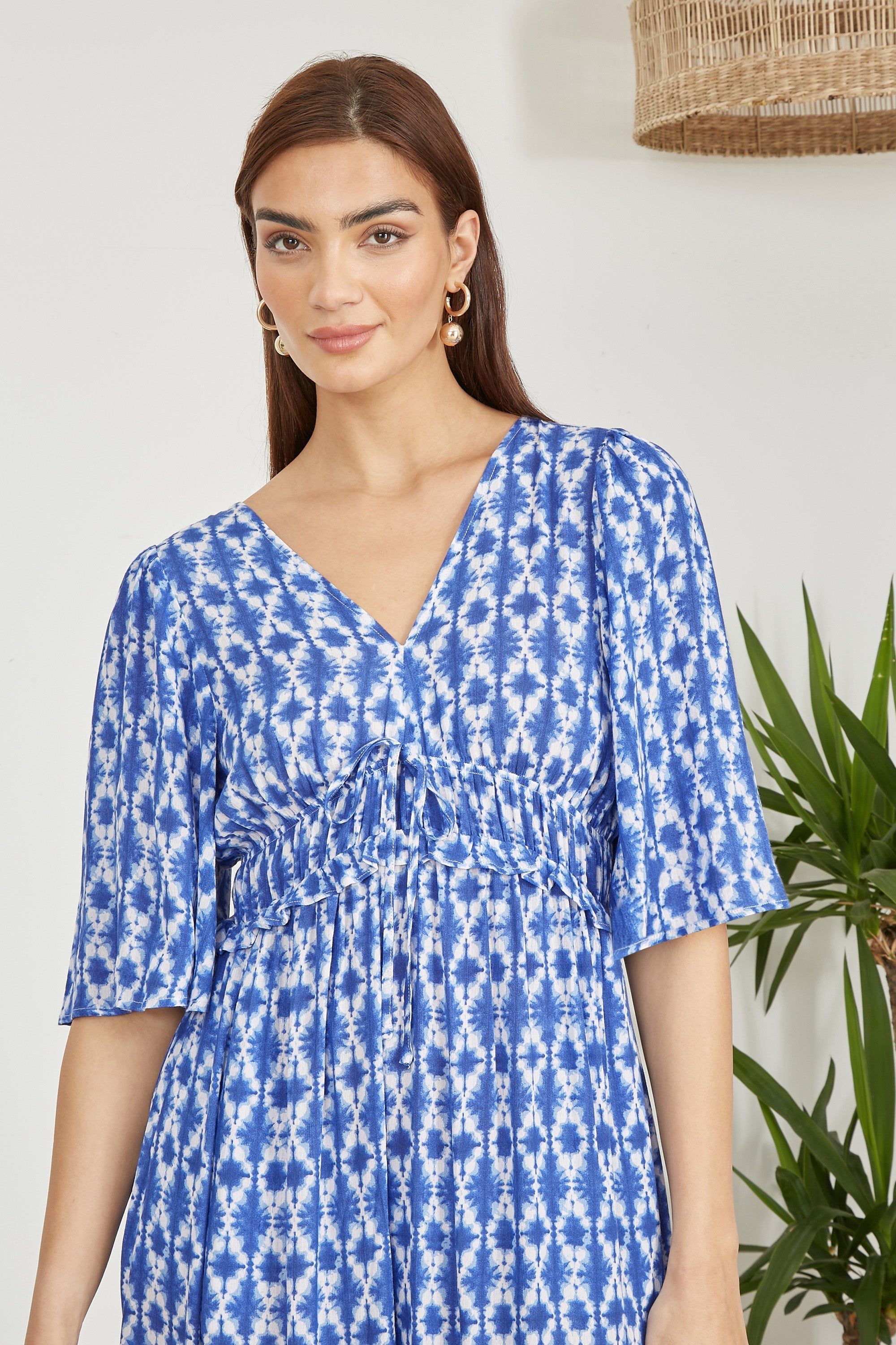 Yumi Blue Aztec Print Maxi Dress with Cross Over Back