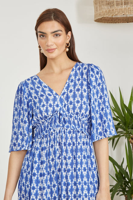 Yumi Blue Aztec Print Maxi Dress with Cross Over Back
