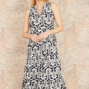 Yumi Navy Retro Print Relaxed Midi Dress