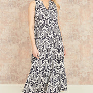 Yumi Navy Retro Print Relaxed Midi Dress