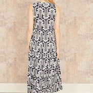 Yumi Navy Retro Print Relaxed Midi Dress