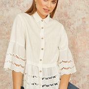 Yumi White Linen Relaxed Shirt with Scallop Trims