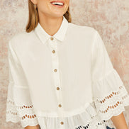 Yumi White Linen Relaxed Shirt with Scallop Trims