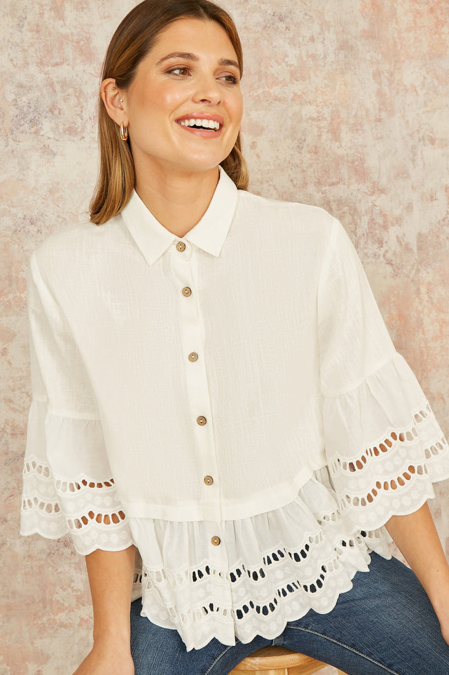 Yumi White Linen Relaxed Shirt with Scallop Trims