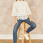Yumi White Linen Relaxed Shirt with Scallop Trims