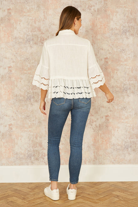 Yumi White Linen Relaxed Shirt with Scallop Trims
