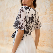 Yumi White Mirror Floral Design Pleated Midi Dress