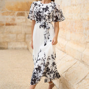 Yumi White Mirror Floral Design Pleated Midi Dress