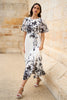 Yumi White Mirror Floral Design Pleated Midi Dress