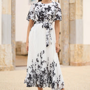 Yumi White Mirror Floral Design Pleated Midi Dress