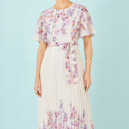 Yumi Ivory Floral Mirror Pleated Midi Dress