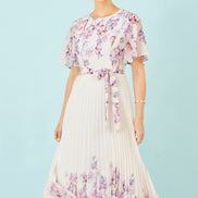 Yumi Ivory Floral Mirror Pleated Midi Dress