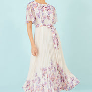 Yumi Ivory Floral Mirror Pleated Midi Dress