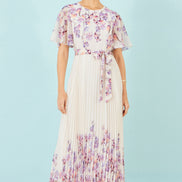 Yumi Ivory Floral Mirror Pleated Midi Dress