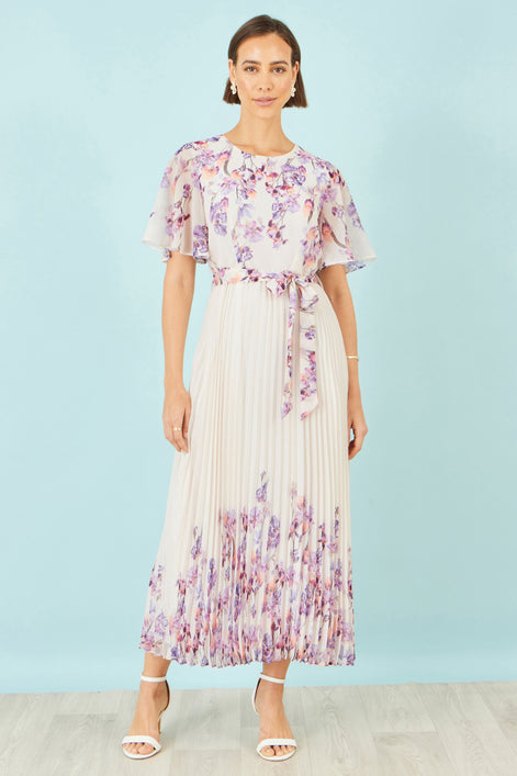 Yumi Ivory Floral Mirror Pleated Midi Dress