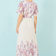 Yumi Ivory Floral Mirror Pleated Midi Dress