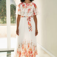 Yumi White Mirror Floral Design Pleated Midi Dress