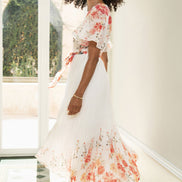 Yumi White Mirror Floral Design Pleated Midi Dress