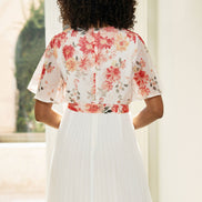 Yumi White Mirror Floral Design Pleated Midi Dress