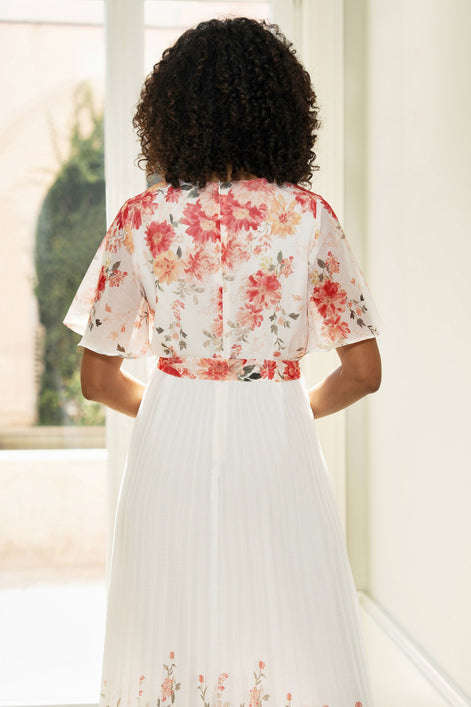 Yumi White Mirror Floral Design Pleated Midi Dress