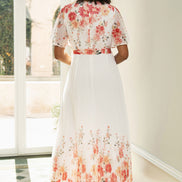 Yumi White Mirror Floral Design Pleated Midi Dress