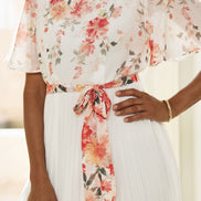 Yumi White Mirror Floral Design Pleated Midi Dress