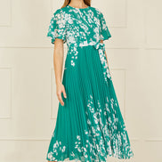 Yumi Green Mirror Floral Design Pleated Midi Dress