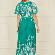 Yumi Green Mirror Floral Design Pleated Midi Dress