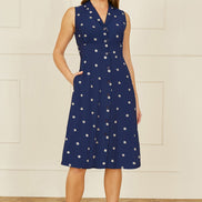Yumi Navy Daisy Print Embroidered Sleeveless Shirt Dress