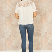 Yumi White Lace Panel Pleated Short Sleeve Top